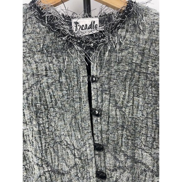 Vtg Treadle Design Room Gray Art To Wear Fringe Neckline Button Up Blouse Size M - Picture 5 of 7